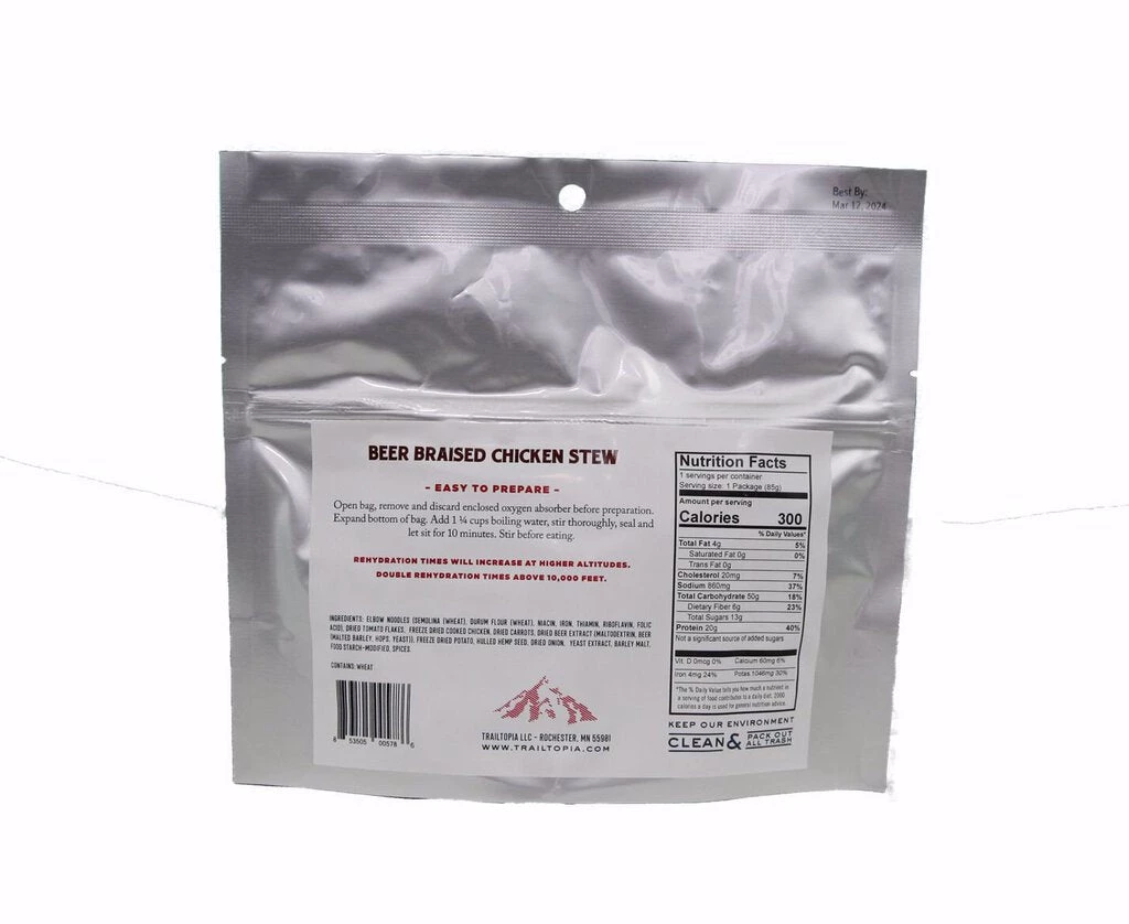 Second Gear WNC Trailtopia Adventure Food Bent Paddle Beer Braised Chicken Stew, Serves One